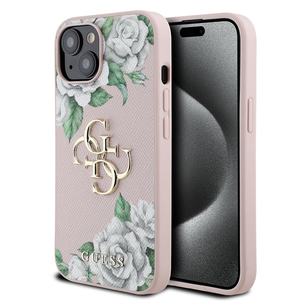 iPhone 15 Kılıf Guess Orjinal Lisanslı Gül Baskılı Büyük Metal Logo Dizaynlı Kapak
