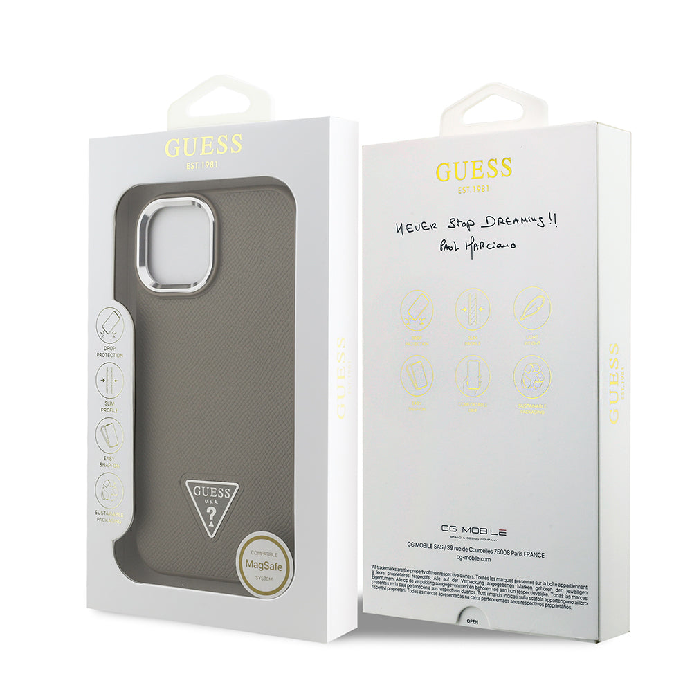 iPhone 15 Kılıf Guess Orjinal Lisanslı M-safe Şarj Özellikli Grained Triangle Kapak