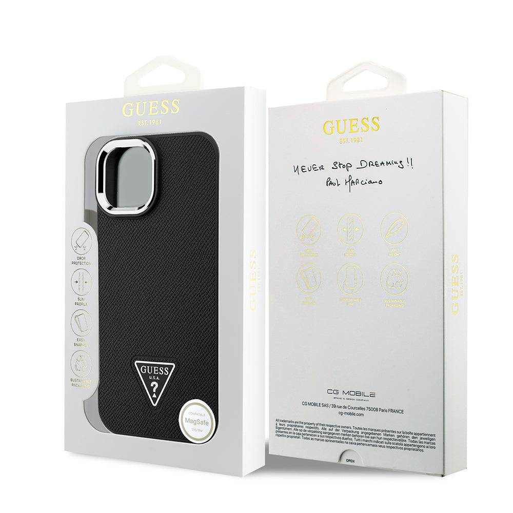 iPhone 15 Kılıf Guess Orjinal Lisanslı M-safe Şarj Özellikli Grained Triangle Kapak