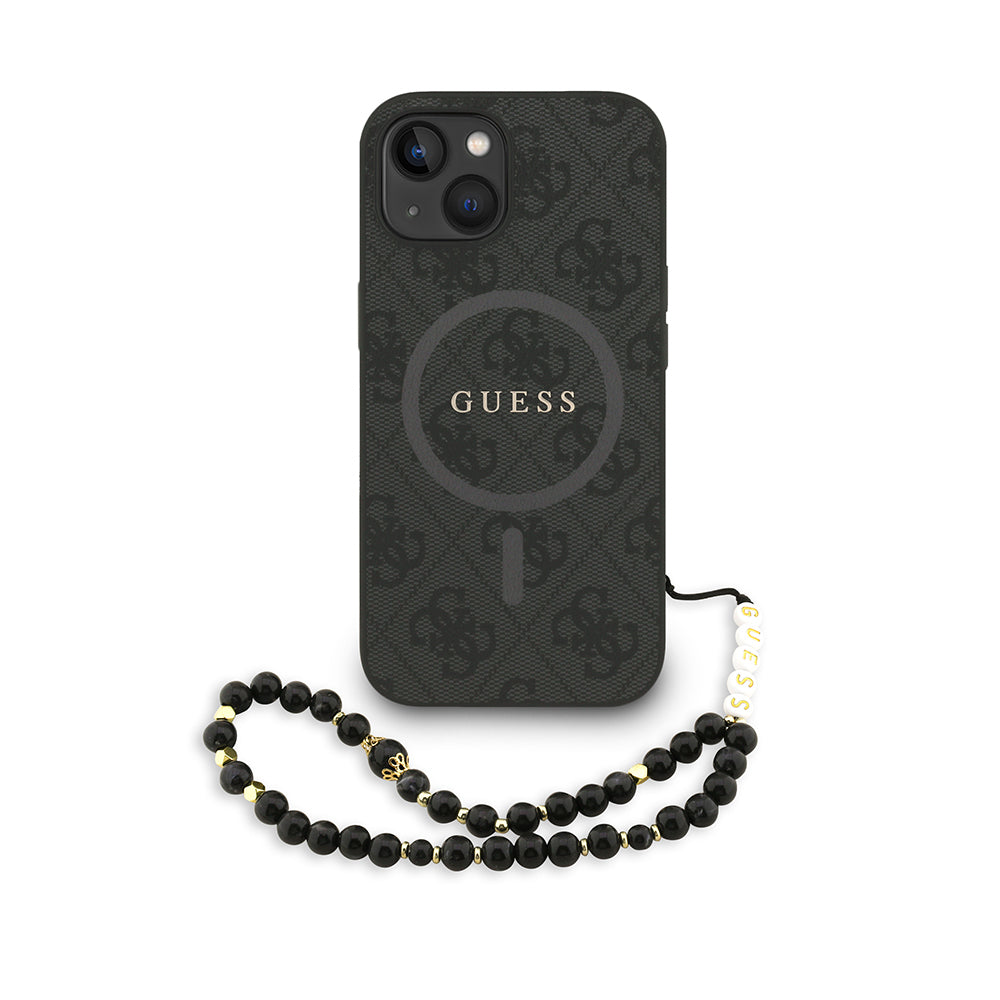 iPhone 15 Kılıf Guess Orjinal Lisanslı M-safe Şarj Özellikli PU Deri Bilek Askı İpli Yazı Logolu Kapak