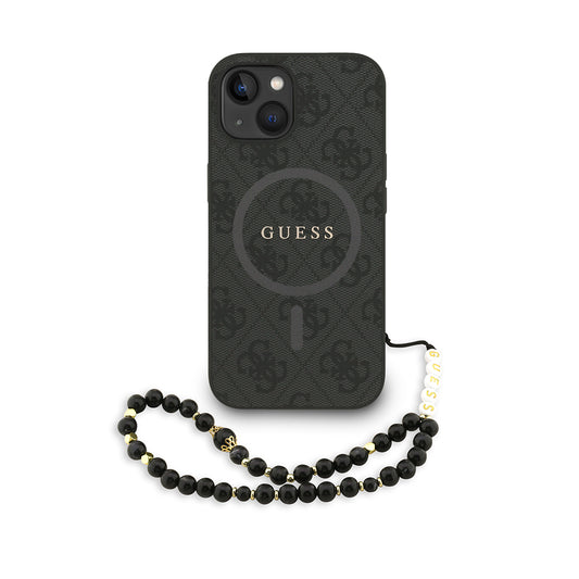 iPhone 15 Kılıf Guess Orjinal Lisanslı M-safe Şarj Özellikli PU Deri Bilek Askı İpli Yazı Logolu Kapak