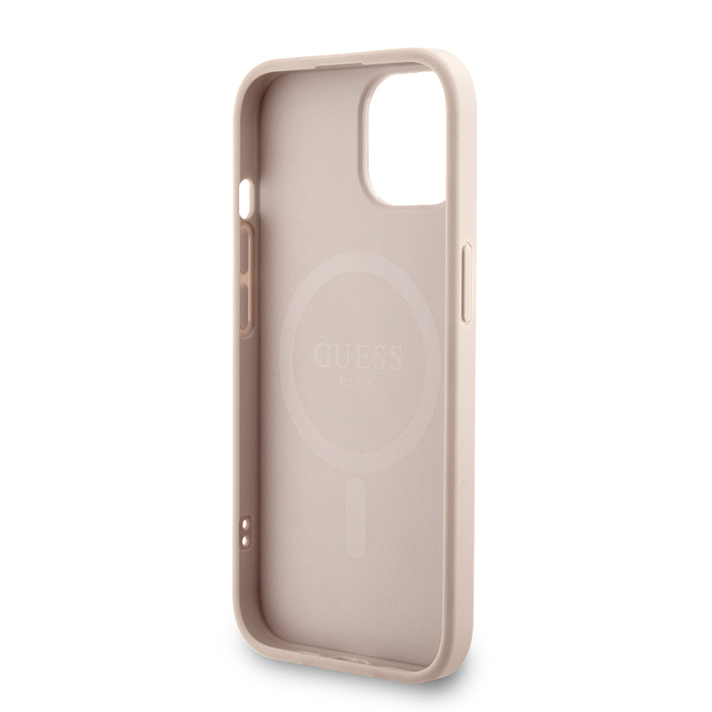 iPhone 15 Kılıf Guess Orjinal Lisanslı M-safe Şarj Özellikli PU Deri Bilek Askı İpli Yazı Logolu Kapak