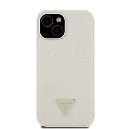 iPhone 15 Kılıf Guess Orjinal Lisanslı M-safe Şarj Özellikli Sıcak Baskılı Üçgen Logolu PU Deri Peony Kapak