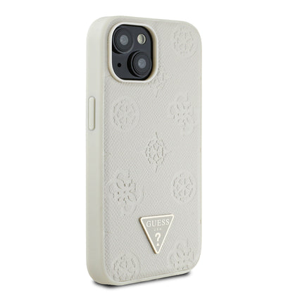 iPhone 15 Kılıf Guess Orjinal Lisanslı M-safe Şarj Özellikli Sıcak Baskılı Üçgen Logolu PU Deri Peony Kapak