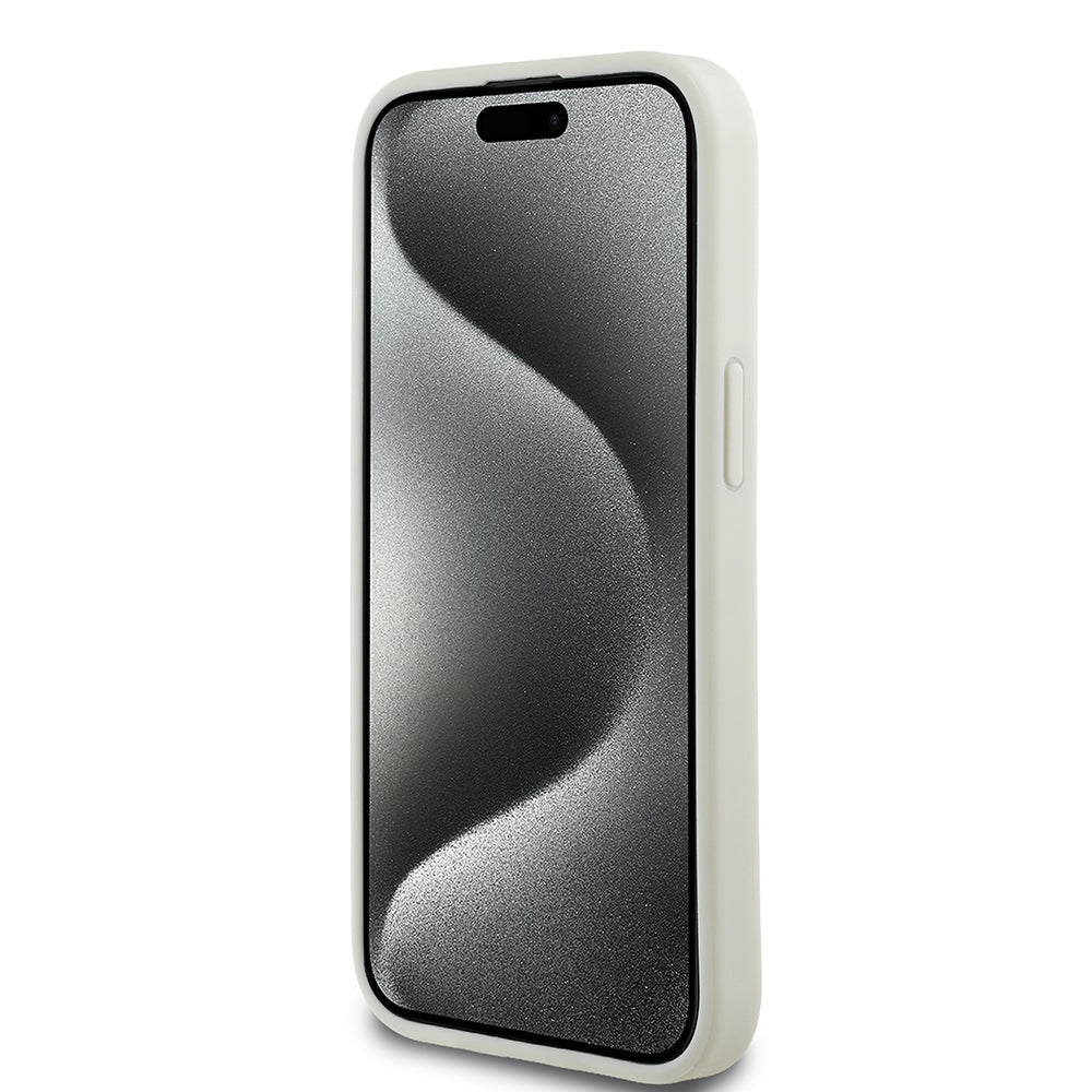 iPhone 15 Kılıf Guess Orjinal Lisanslı M-safe Şarj Özellikli Sıcak Baskılı Üçgen Logolu PU Deri Peony Kapak