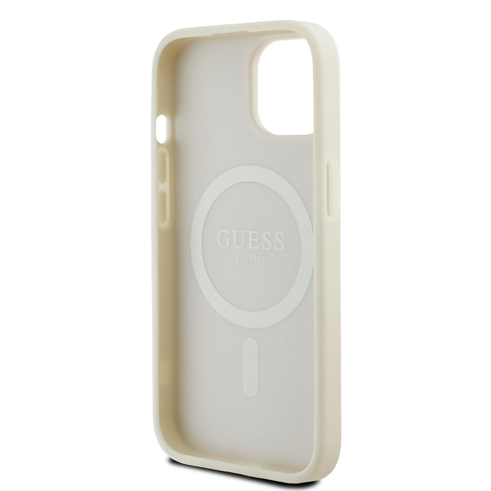 iPhone 15 Kılıf Guess Orjinal Lisanslı M-safe Şarj Özellikli Sıcak Baskılı Üçgen Logolu PU Deri Peony Kapak