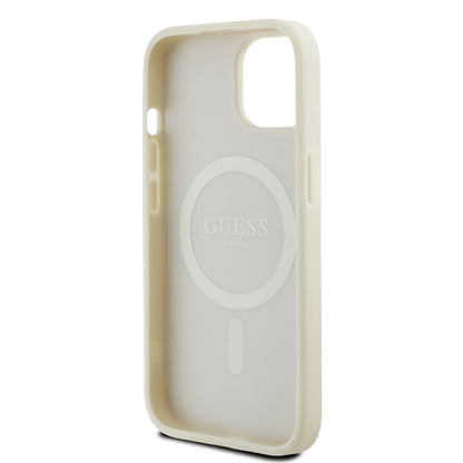 iPhone 15 Kılıf Guess Orjinal Lisanslı M-safe Şarj Özellikli Sıcak Baskılı Üçgen Logolu PU Deri Peony Kapak