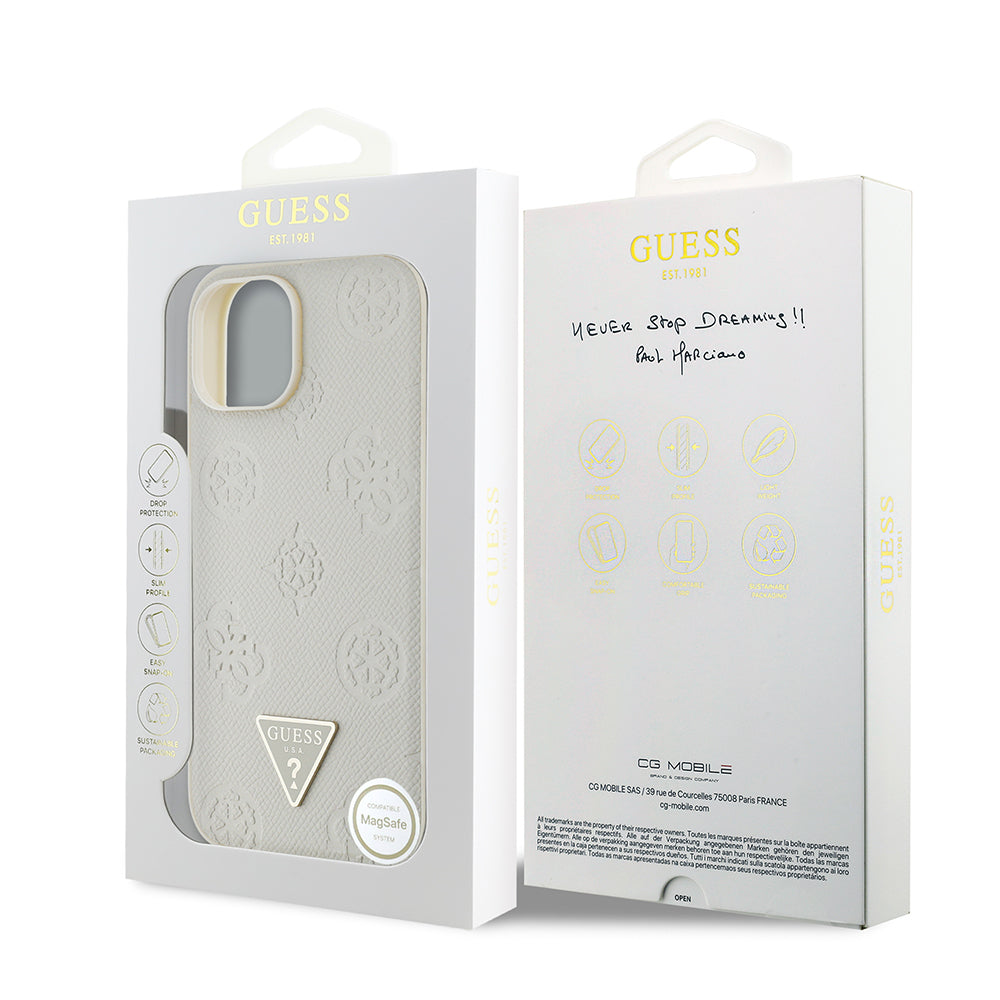 iPhone 15 Kılıf Guess Orjinal Lisanslı M-safe Şarj Özellikli Sıcak Baskılı Üçgen Logolu PU Deri Peony Kapak