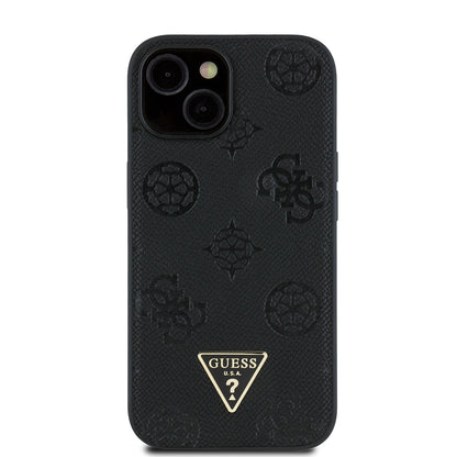 iPhone 15 Kılıf Guess Orjinal Lisanslı M-safe Şarj Özellikli Sıcak Baskılı Üçgen Logolu PU Deri Peony Kapak