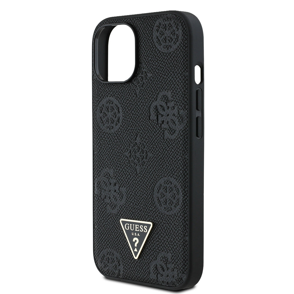 iPhone 15 Kılıf Guess Orjinal Lisanslı M-safe Şarj Özellikli Sıcak Baskılı Üçgen Logolu PU Deri Peony Kapak