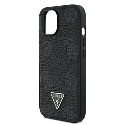iPhone 15 Kılıf Guess Orjinal Lisanslı M-safe Şarj Özellikli Sıcak Baskılı Üçgen Logolu PU Deri Peony Kapak