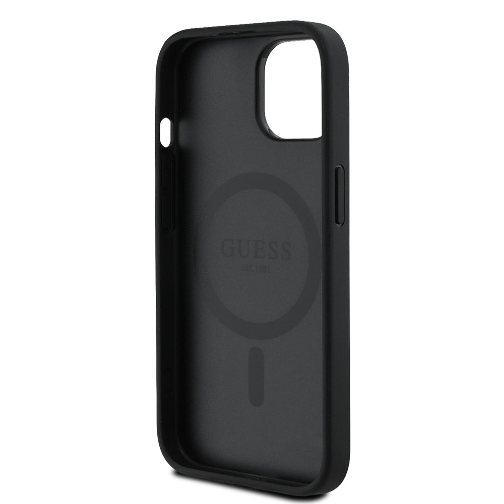 iPhone 15 Kılıf Guess Orjinal Lisanslı M-safe Şarj Özellikli Sıcak Baskılı Üçgen Logolu PU Deri Peony Kapak