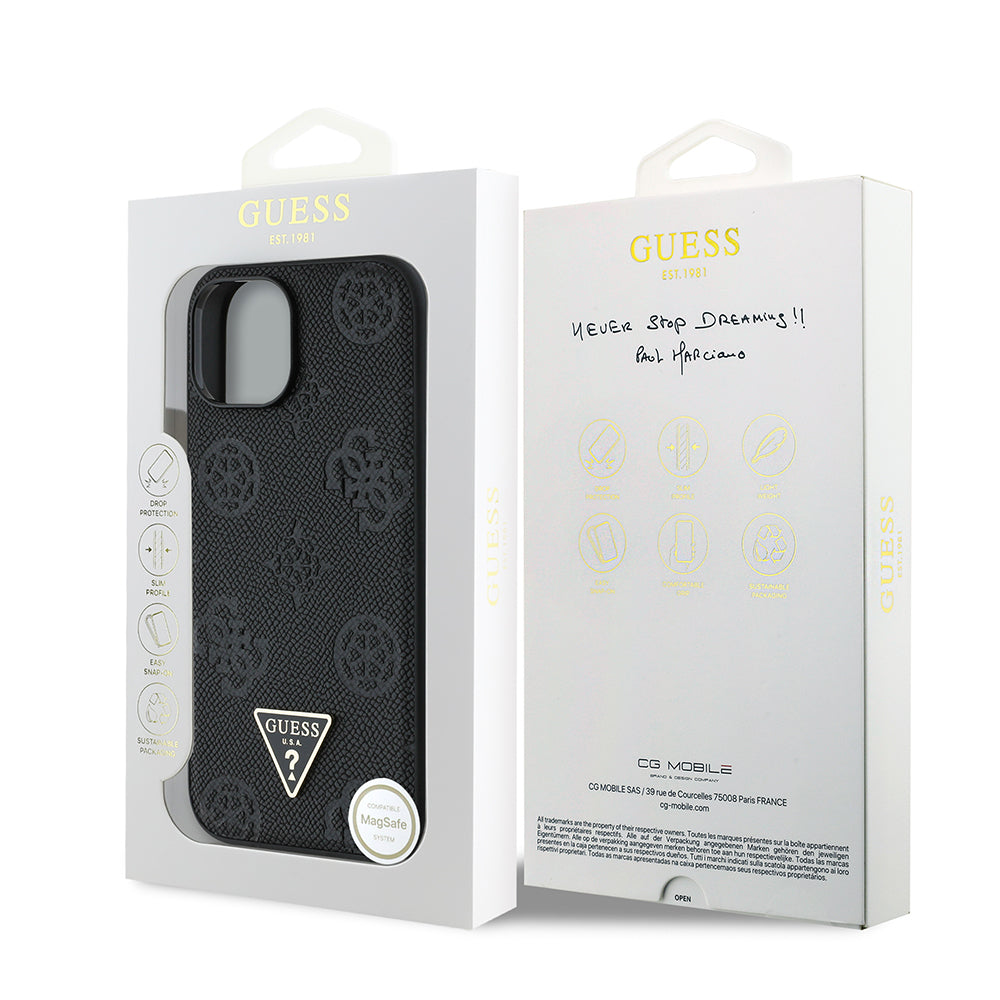 iPhone 15 Kılıf Guess Orjinal Lisanslı M-safe Şarj Özellikli Sıcak Baskılı Üçgen Logolu PU Deri Peony Kapak