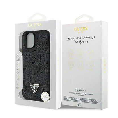 iPhone 15 Kılıf Guess Orjinal Lisanslı M-safe Şarj Özellikli Sıcak Baskılı Üçgen Logolu PU Deri Peony Kapak