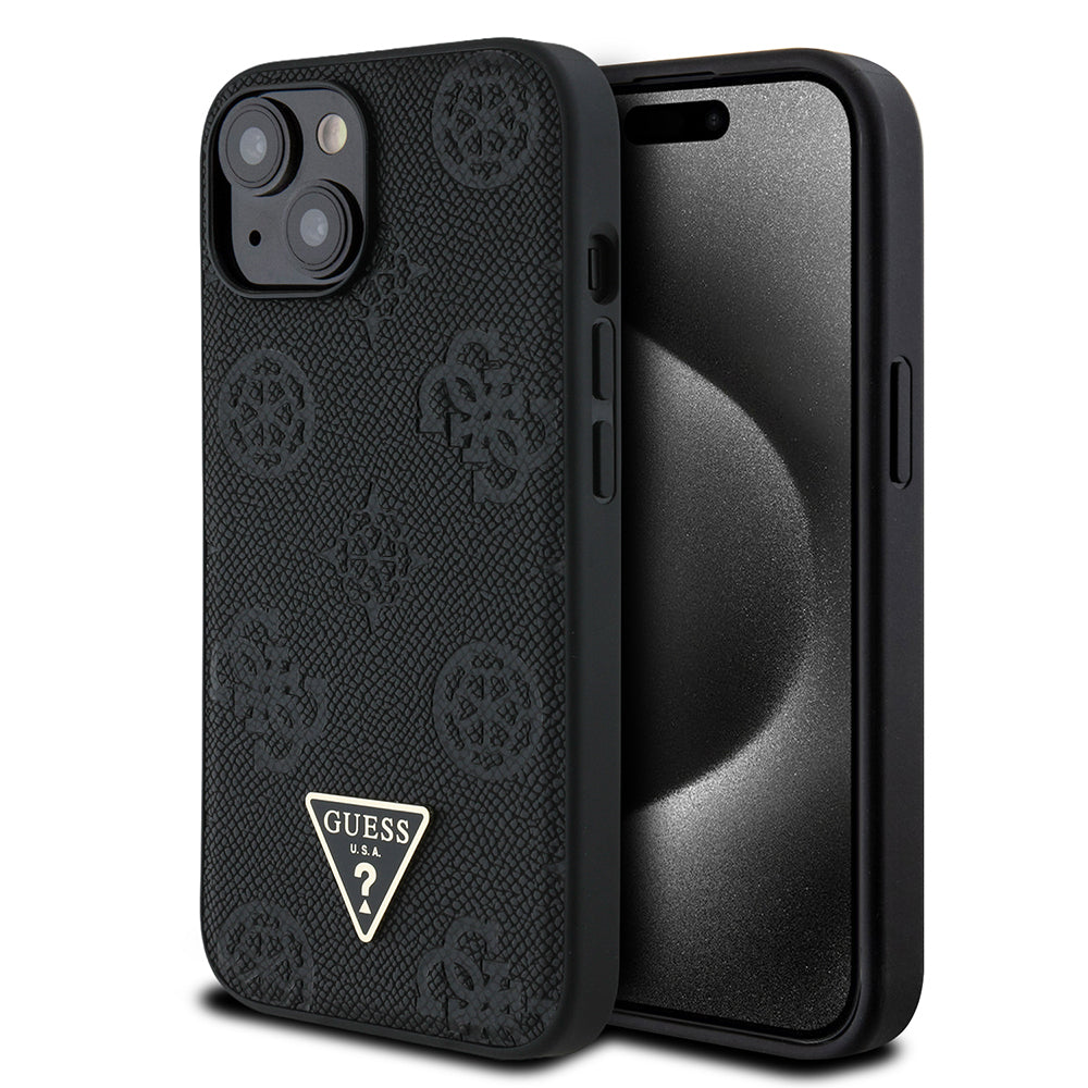 iPhone 15 Kılıf Guess Orjinal Lisanslı M-safe Şarj Özellikli Sıcak Baskılı Üçgen Logolu PU Deri Peony Kapak