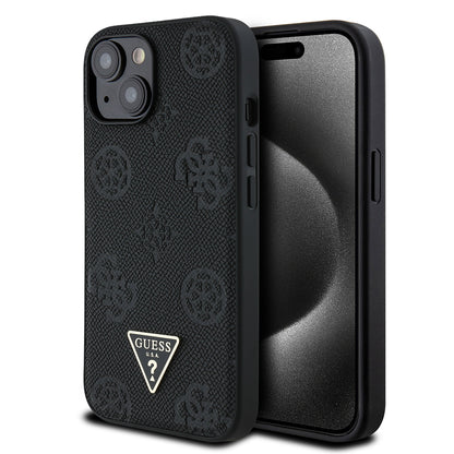 iPhone 15 Kılıf Guess Orjinal Lisanslı M-safe Şarj Özellikli Sıcak Baskılı Üçgen Logolu PU Deri Peony Kapak