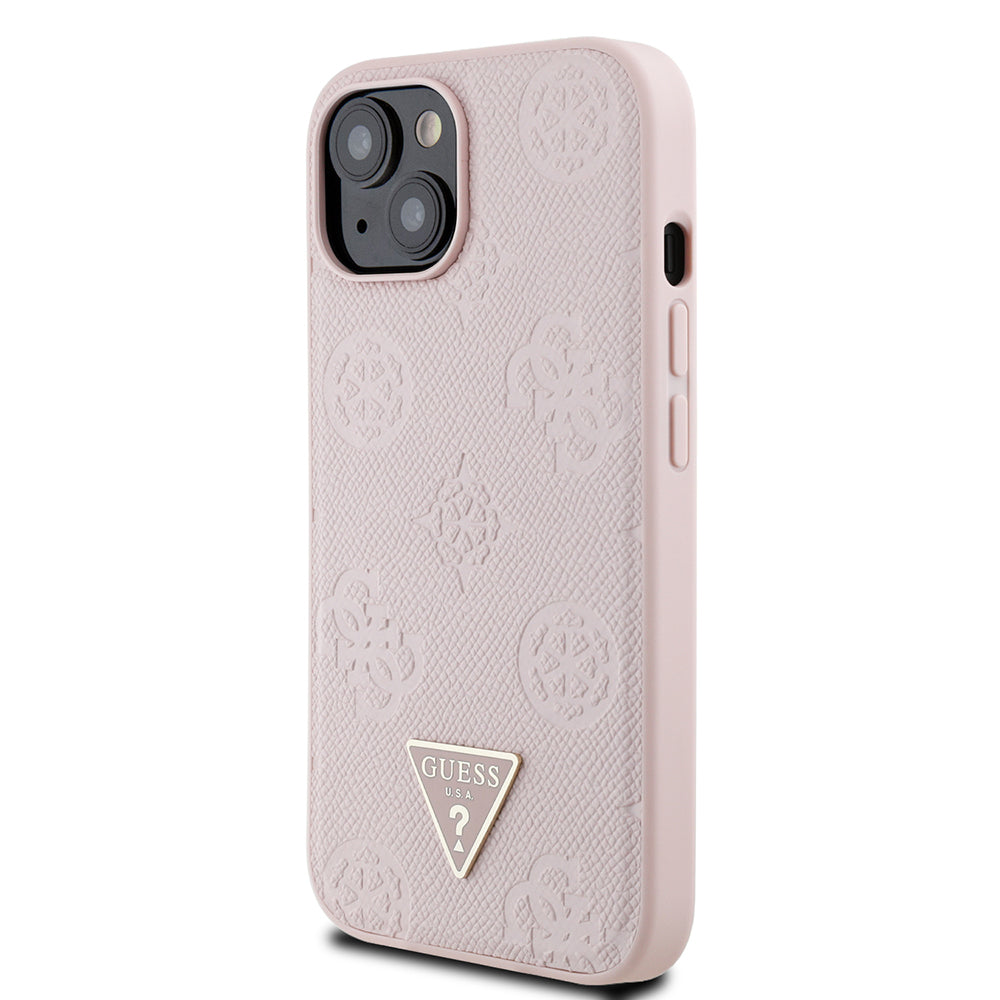 iPhone 15 Kılıf Guess Orjinal Lisanslı M-safe Şarj Özellikli Sıcak Baskılı Üçgen Logolu PU Deri Peony Kapak