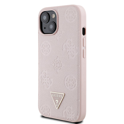 iPhone 15 Kılıf Guess Orjinal Lisanslı M-safe Şarj Özellikli Sıcak Baskılı Üçgen Logolu PU Deri Peony Kapak