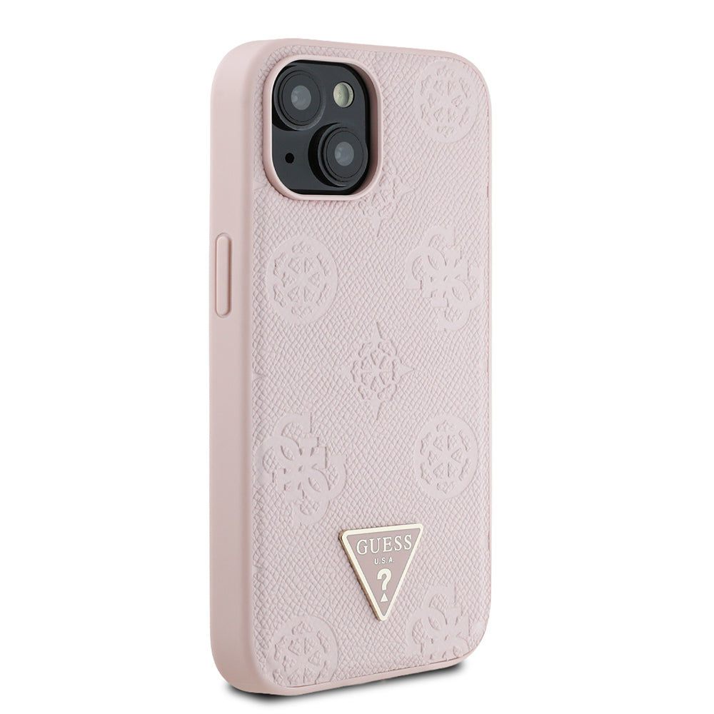 iPhone 15 Kılıf Guess Orjinal Lisanslı M-safe Şarj Özellikli Sıcak Baskılı Üçgen Logolu PU Deri Peony Kapak