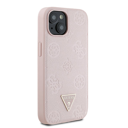 iPhone 15 Kılıf Guess Orjinal Lisanslı M-safe Şarj Özellikli Sıcak Baskılı Üçgen Logolu PU Deri Peony Kapak