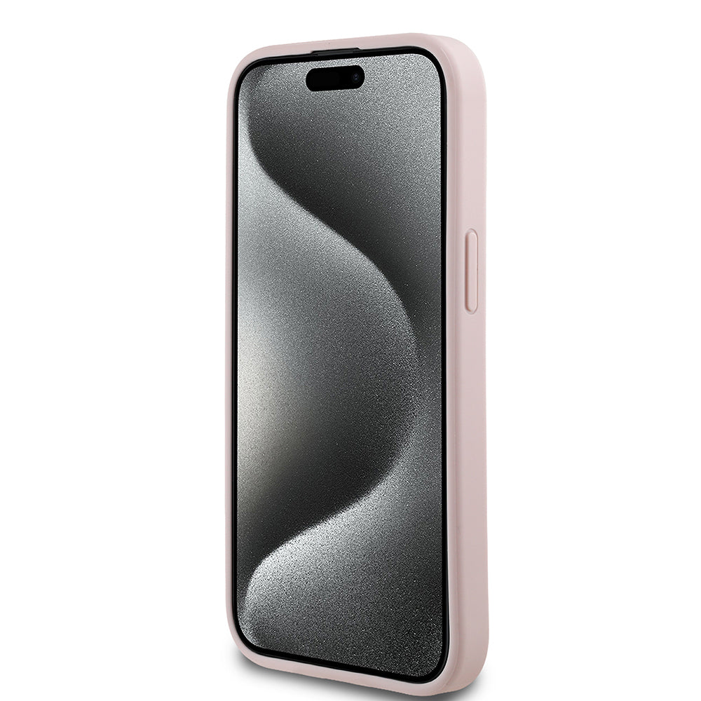 iPhone 15 Kılıf Guess Orjinal Lisanslı M-safe Şarj Özellikli Sıcak Baskılı Üçgen Logolu PU Deri Peony Kapak