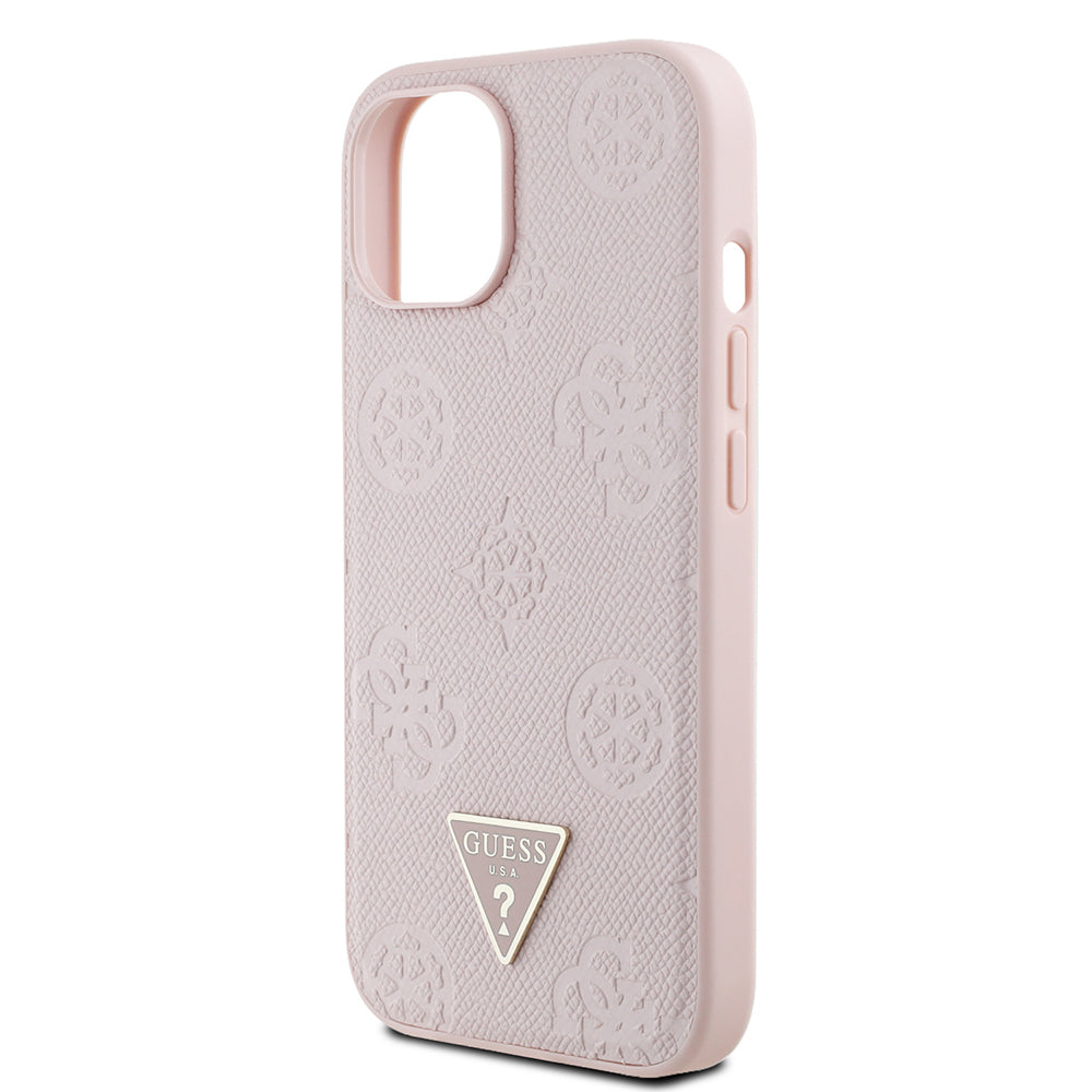 iPhone 15 Kılıf Guess Orjinal Lisanslı M-safe Şarj Özellikli Sıcak Baskılı Üçgen Logolu PU Deri Peony Kapak