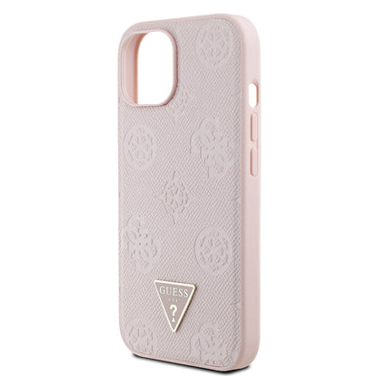 iPhone 15 Kılıf Guess Orjinal Lisanslı M-safe Şarj Özellikli Sıcak Baskılı Üçgen Logolu PU Deri Peony Kapak