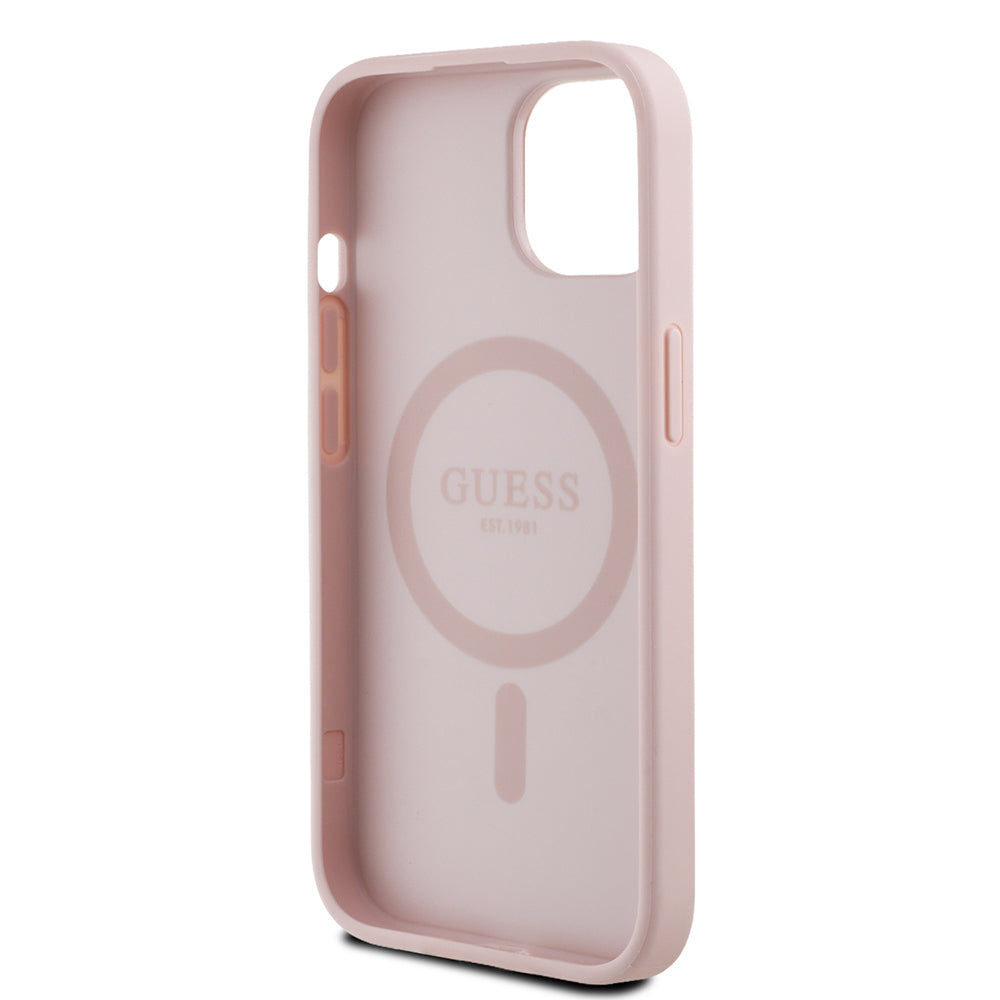 iPhone 15 Kılıf Guess Orjinal Lisanslı M-safe Şarj Özellikli Sıcak Baskılı Üçgen Logolu PU Deri Peony Kapak