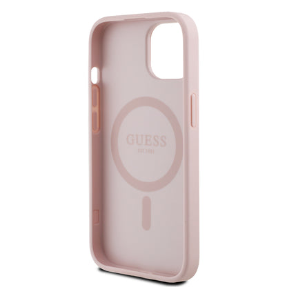 iPhone 15 Kılıf Guess Orjinal Lisanslı M-safe Şarj Özellikli Sıcak Baskılı Üçgen Logolu PU Deri Peony Kapak