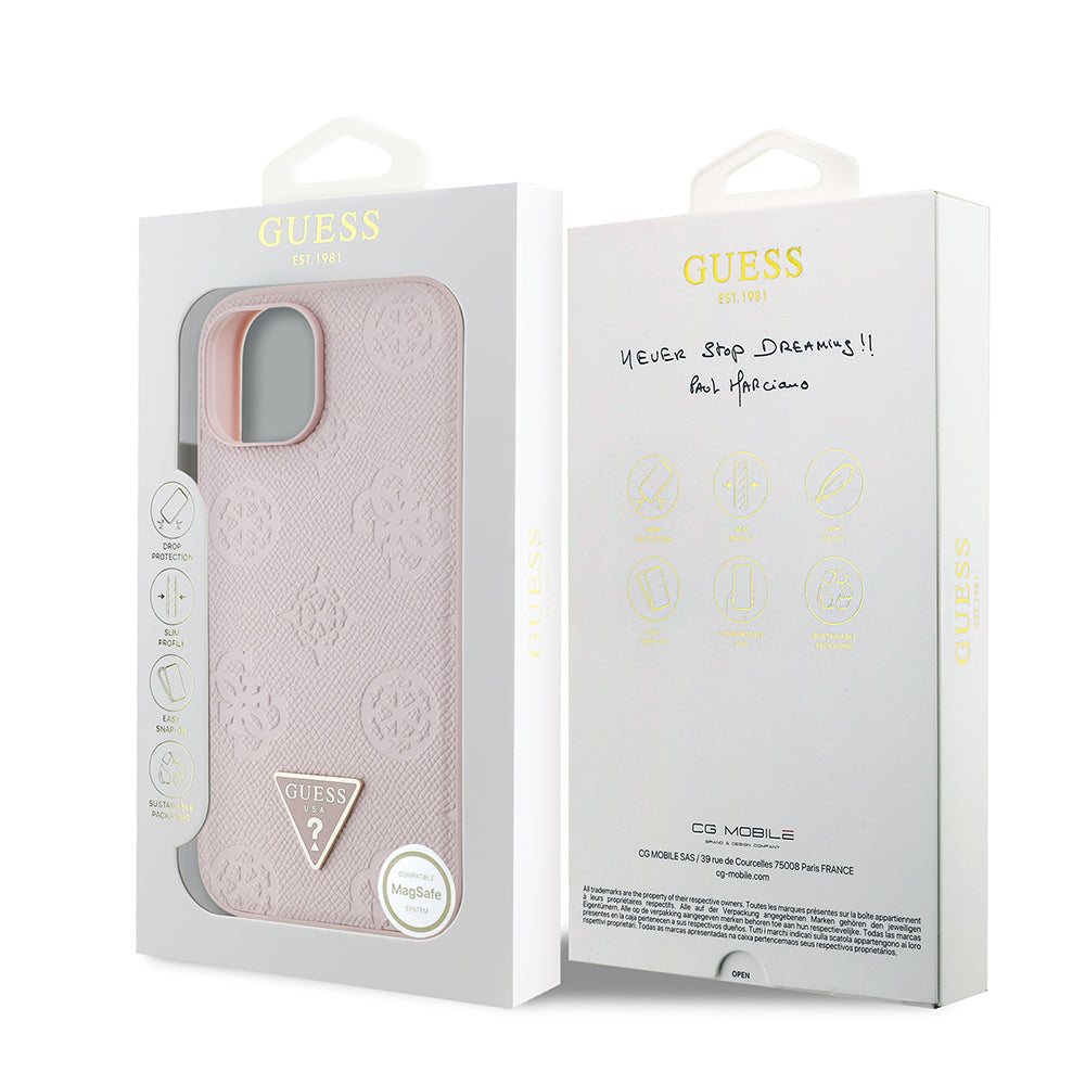 iPhone 15 Kılıf Guess Orjinal Lisanslı M-safe Şarj Özellikli Sıcak Baskılı Üçgen Logolu PU Deri Peony Kapak