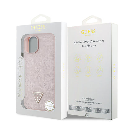 iPhone 15 Kılıf Guess Orjinal Lisanslı M-safe Şarj Özellikli Sıcak Baskılı Üçgen Logolu PU Deri Peony Kapak