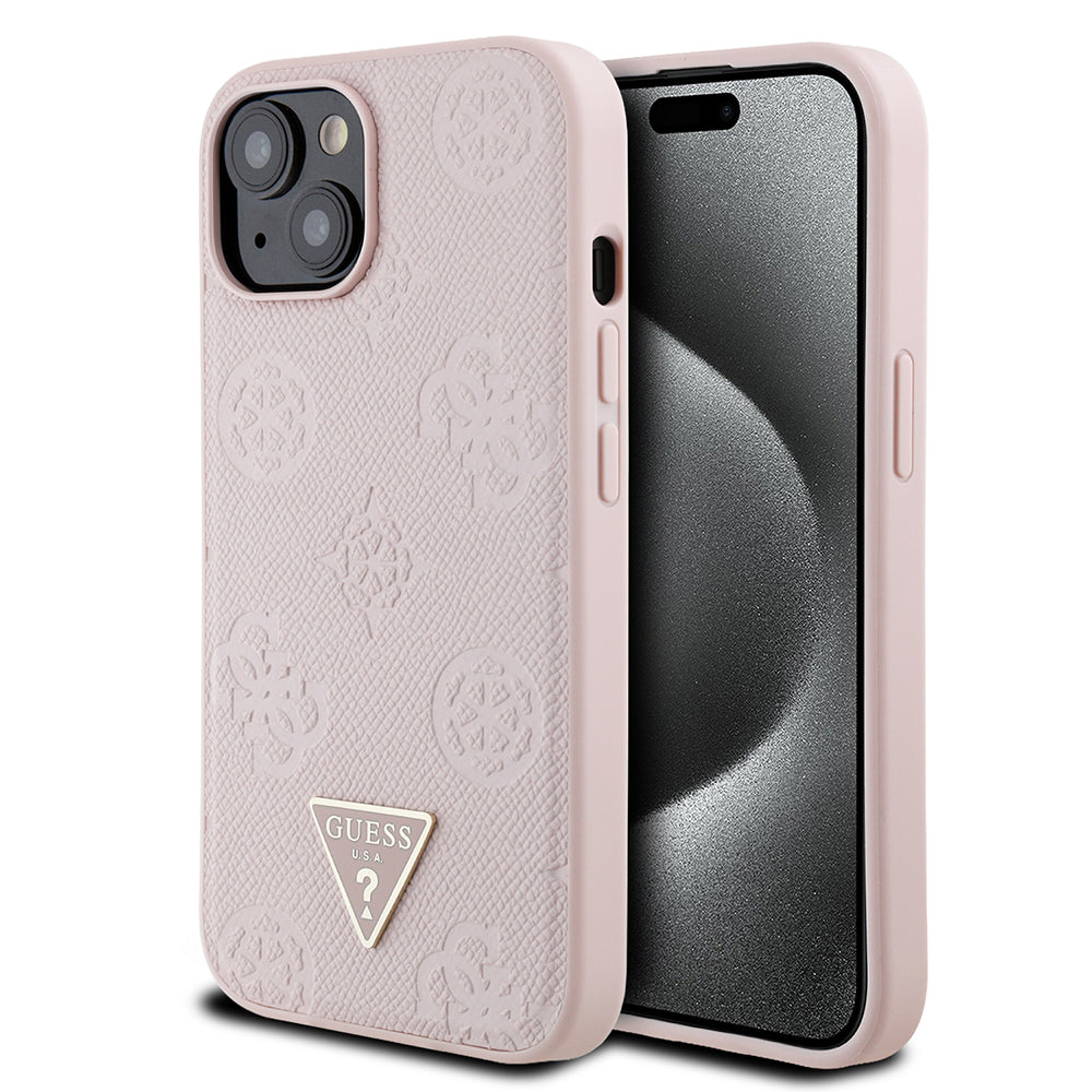 iPhone 15 Kılıf Guess Orjinal Lisanslı M-safe Şarj Özellikli Sıcak Baskılı Üçgen Logolu PU Deri Peony Kapak