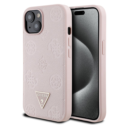 iPhone 15 Kılıf Guess Orjinal Lisanslı M-safe Şarj Özellikli Sıcak Baskılı Üçgen Logolu PU Deri Peony Kapak