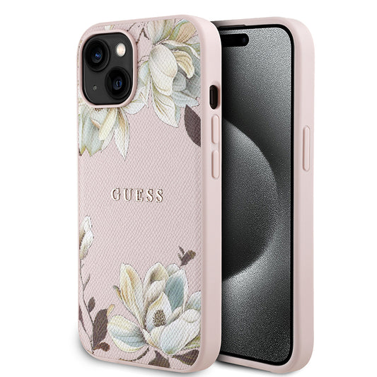 iPhone 15 Kılıf Guess Orjinal Lisanslı M-safe Şarj Özellikli Taneli Çiçek Tasarımlı Metal Yazı Logolu Kapak