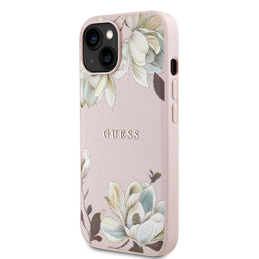 iPhone 15 Kılıf Guess Orjinal Lisanslı M-safe Şarj Özellikli Taneli Çiçek Tasarımlı Metal Yazı Logolu Kapak