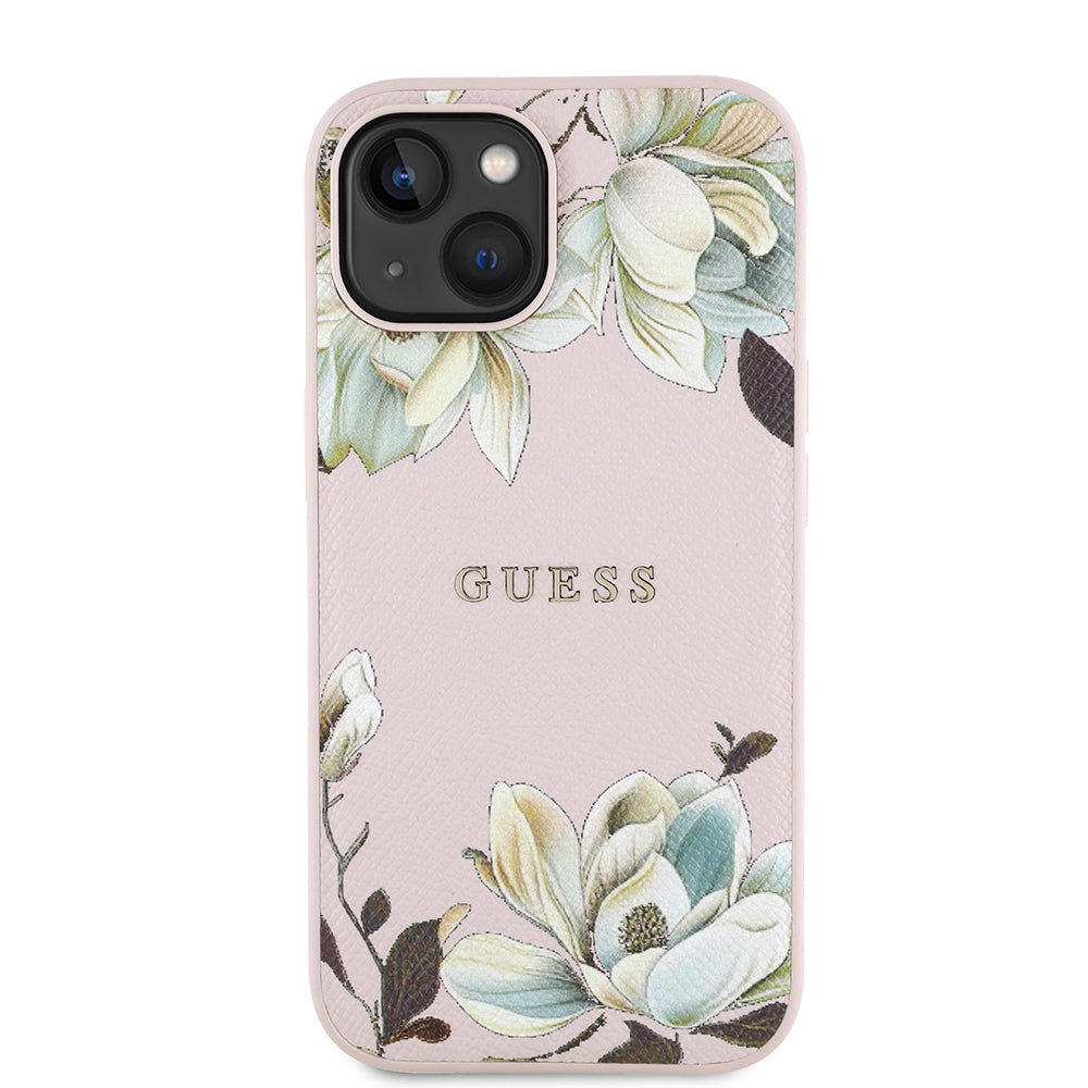 iPhone 15 Kılıf Guess Orjinal Lisanslı M-safe Şarj Özellikli Taneli Çiçek Tasarımlı Metal Yazı Logolu Kapak