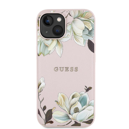 iPhone 15 Kılıf Guess Orjinal Lisanslı M-safe Şarj Özellikli Taneli Çiçek Tasarımlı Metal Yazı Logolu Kapak