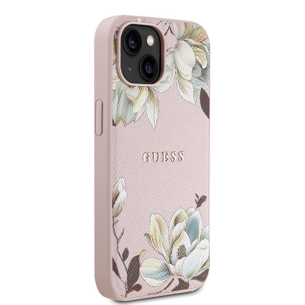 iPhone 15 Kılıf Guess Orjinal Lisanslı M-safe Şarj Özellikli Taneli Çiçek Tasarımlı Metal Yazı Logolu Kapak