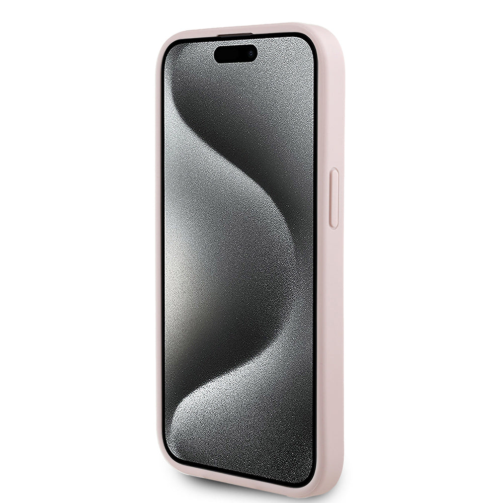 iPhone 15 Kılıf Guess Orjinal Lisanslı M-safe Şarj Özellikli Taneli Çiçek Tasarımlı Metal Yazı Logolu Kapak