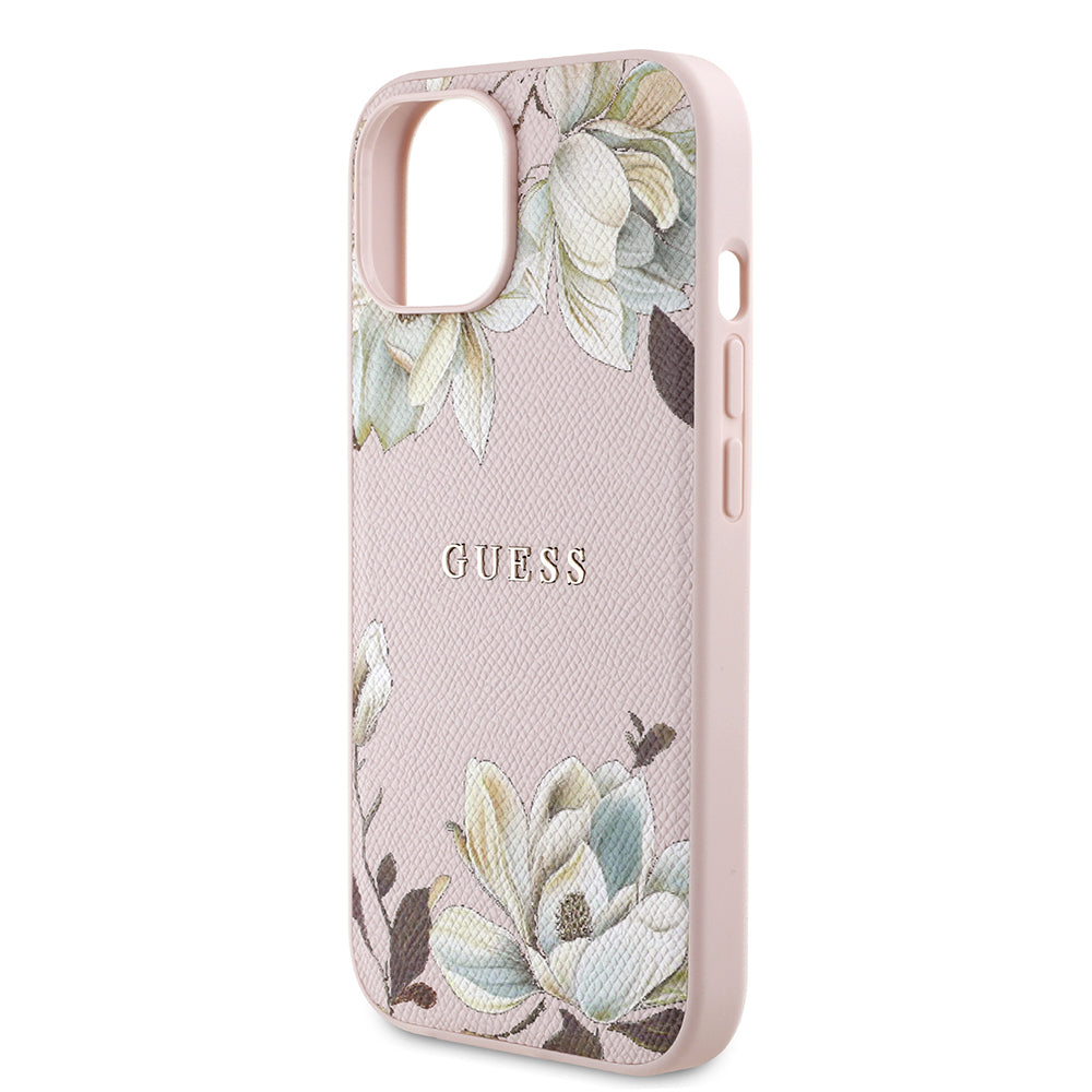 iPhone 15 Kılıf Guess Orjinal Lisanslı M-safe Şarj Özellikli Taneli Çiçek Tasarımlı Metal Yazı Logolu Kapak