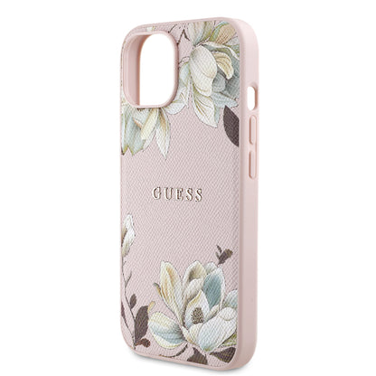 iPhone 15 Kılıf Guess Orjinal Lisanslı M-safe Şarj Özellikli Taneli Çiçek Tasarımlı Metal Yazı Logolu Kapak