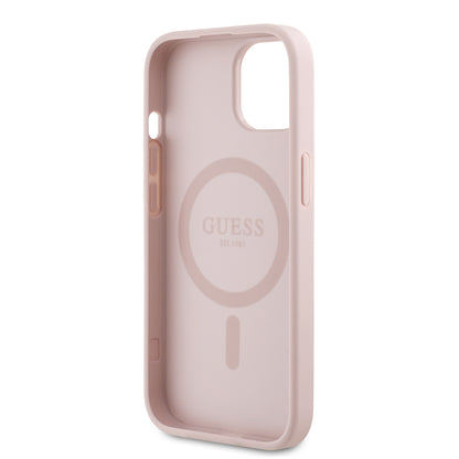 iPhone 15 Kılıf Guess Orjinal Lisanslı M-safe Şarj Özellikli Taneli Çiçek Tasarımlı Metal Yazı Logolu Kapak