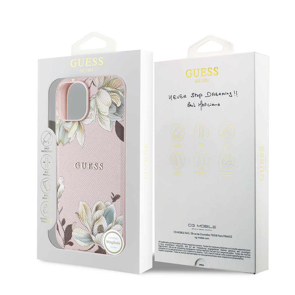 iPhone 15 Kılıf Guess Orjinal Lisanslı M-safe Şarj Özellikli Taneli Çiçek Tasarımlı Metal Yazı Logolu Kapak