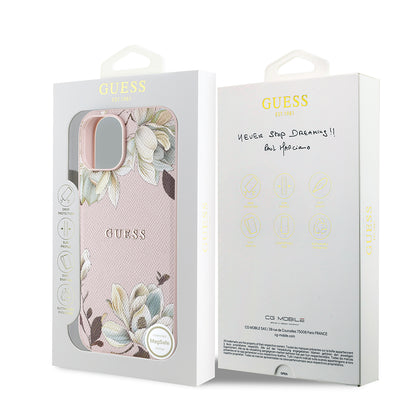 iPhone 15 Kılıf Guess Orjinal Lisanslı M-safe Şarj Özellikli Taneli Çiçek Tasarımlı Metal Yazı Logolu Kapak