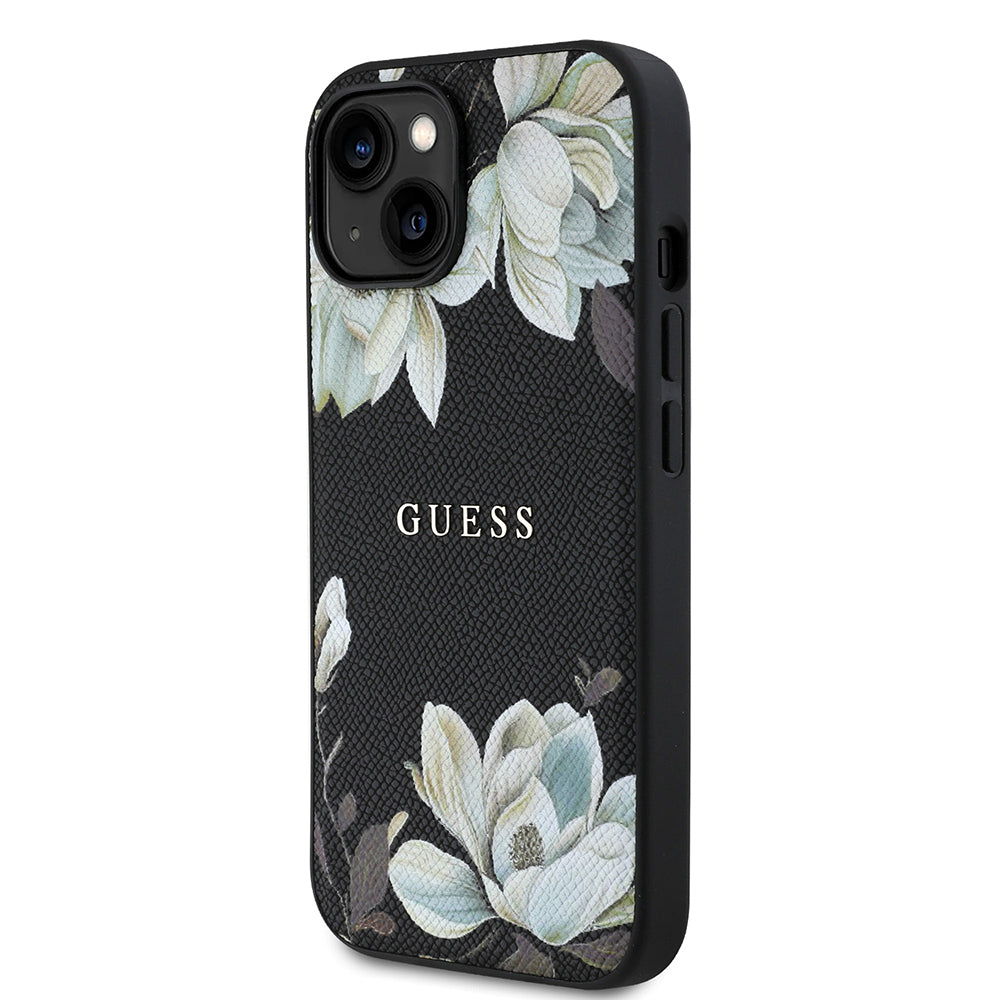 iPhone 15 Kılıf Guess Orjinal Lisanslı M-safe Şarj Özellikli Taneli Çiçek Tasarımlı Metal Yazı Logolu Kapak