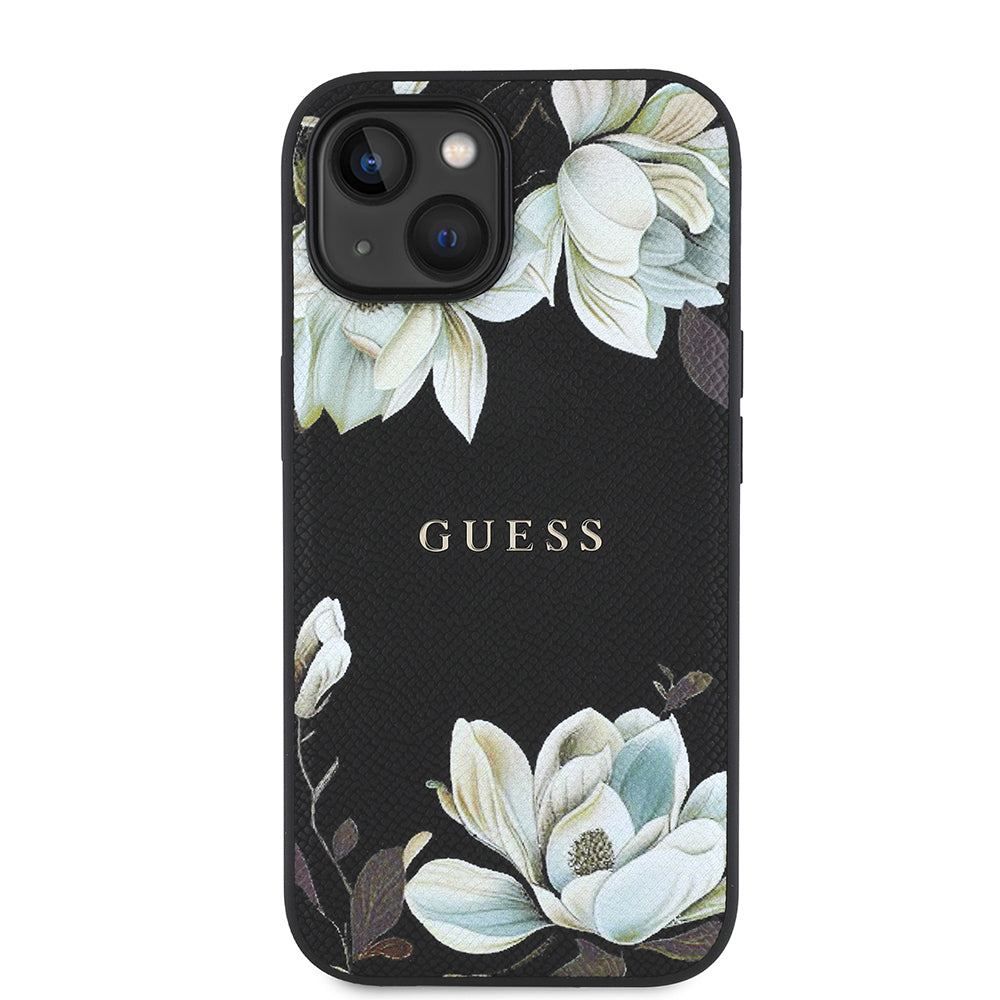 iPhone 15 Kılıf Guess Orjinal Lisanslı M-safe Şarj Özellikli Taneli Çiçek Tasarımlı Metal Yazı Logolu Kapak