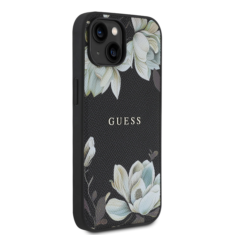 iPhone 15 Kılıf Guess Orjinal Lisanslı M-safe Şarj Özellikli Taneli Çiçek Tasarımlı Metal Yazı Logolu Kapak