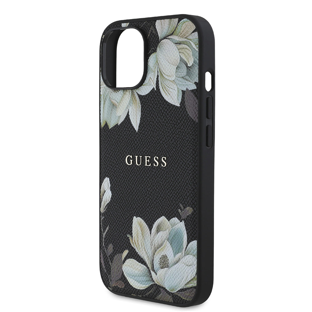 iPhone 15 Kılıf Guess Orjinal Lisanslı M-safe Şarj Özellikli Taneli Çiçek Tasarımlı Metal Yazı Logolu Kapak