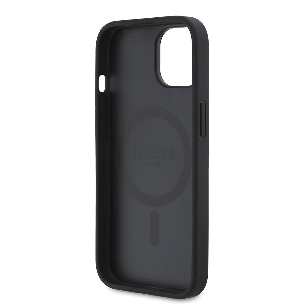 iPhone 15 Kılıf Guess Orjinal Lisanslı M-safe Şarj Özellikli Taneli Çiçek Tasarımlı Metal Yazı Logolu Kapak