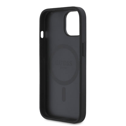 iPhone 15 Kılıf Guess Orjinal Lisanslı M-safe Şarj Özellikli Taneli Çiçek Tasarımlı Metal Yazı Logolu Kapak